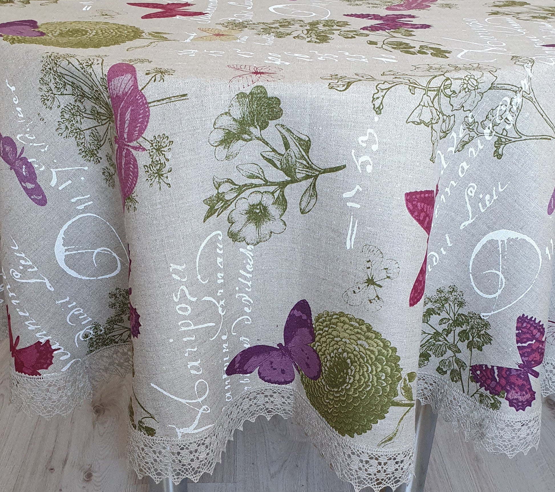 Round tablecloth with lace BUTTERFLIES - Linen4me